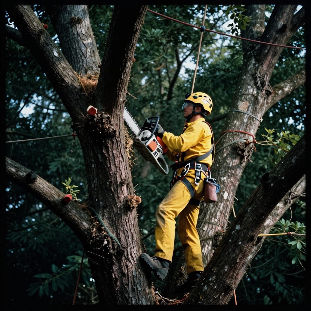 Arborist removing a tree section by section with rigging