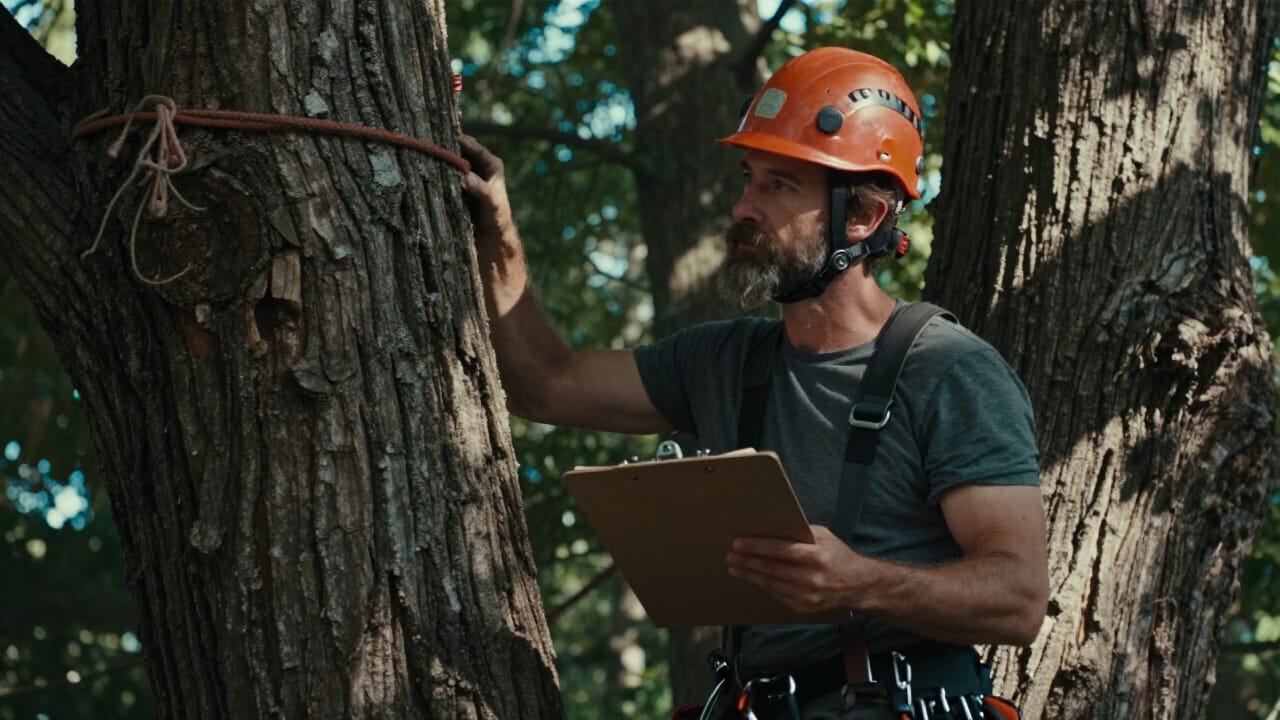 Arborist assessing the condition and risk of a mature tree