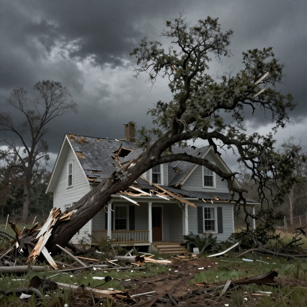 Crew clearing a storm-damaged tree from a residential roof