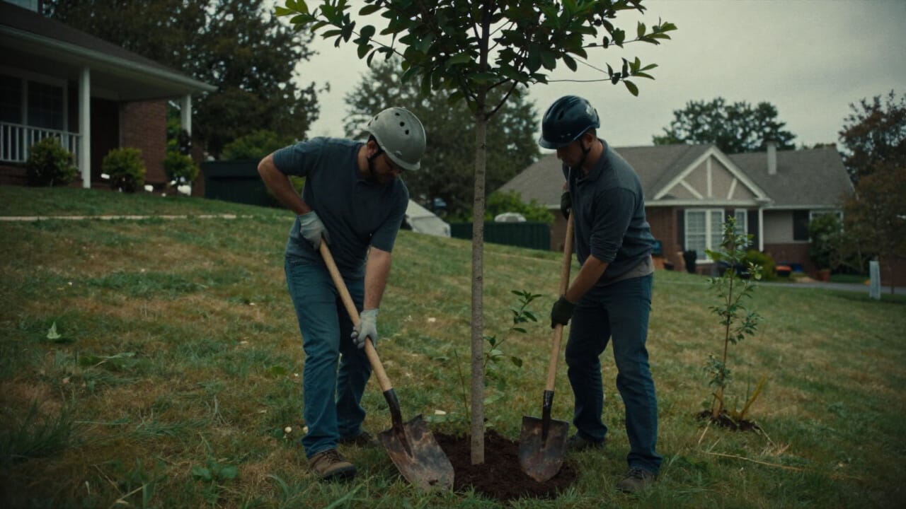 Newly planted young tree in a St. Louis backyard