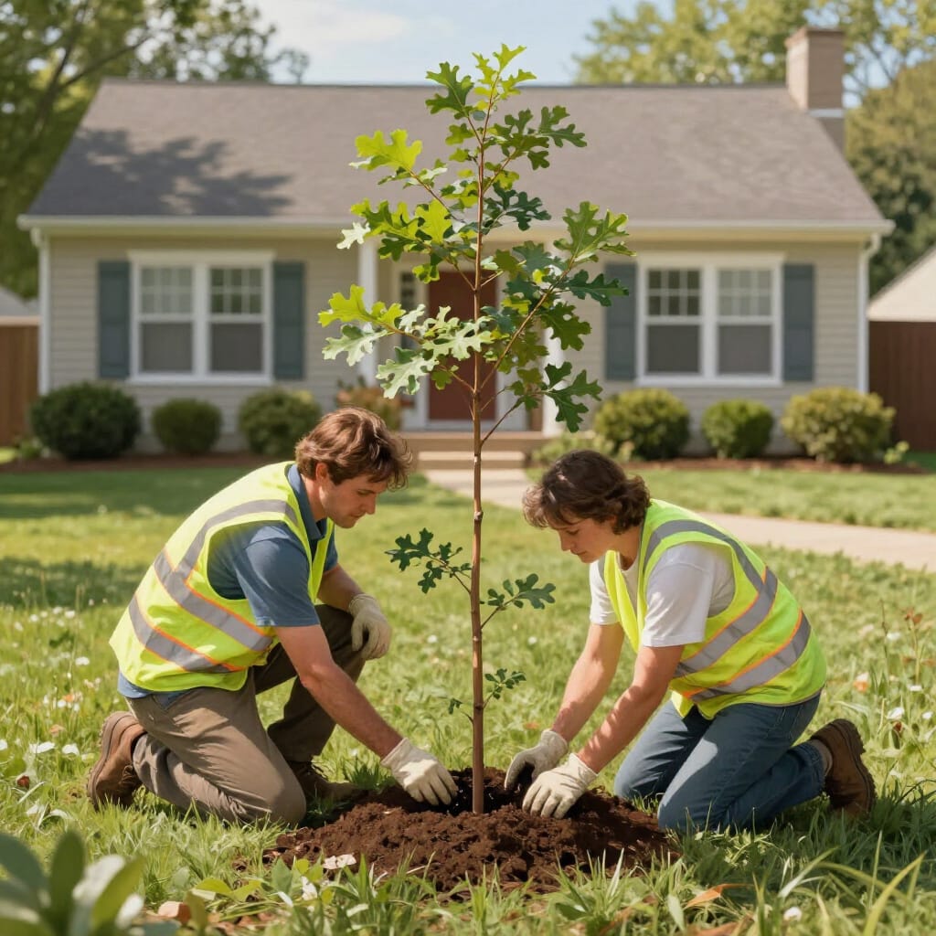 Arborists planting a young native tree together